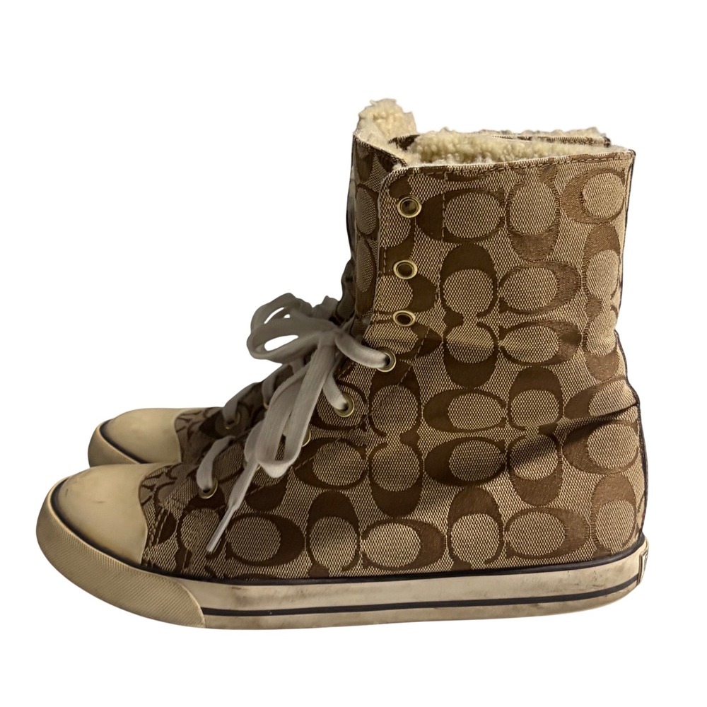 Coach Bonney Shearling High Top Sneakers Signature C Monogram Brown Tan 
Sz 9.5 - Picture 2 of 11